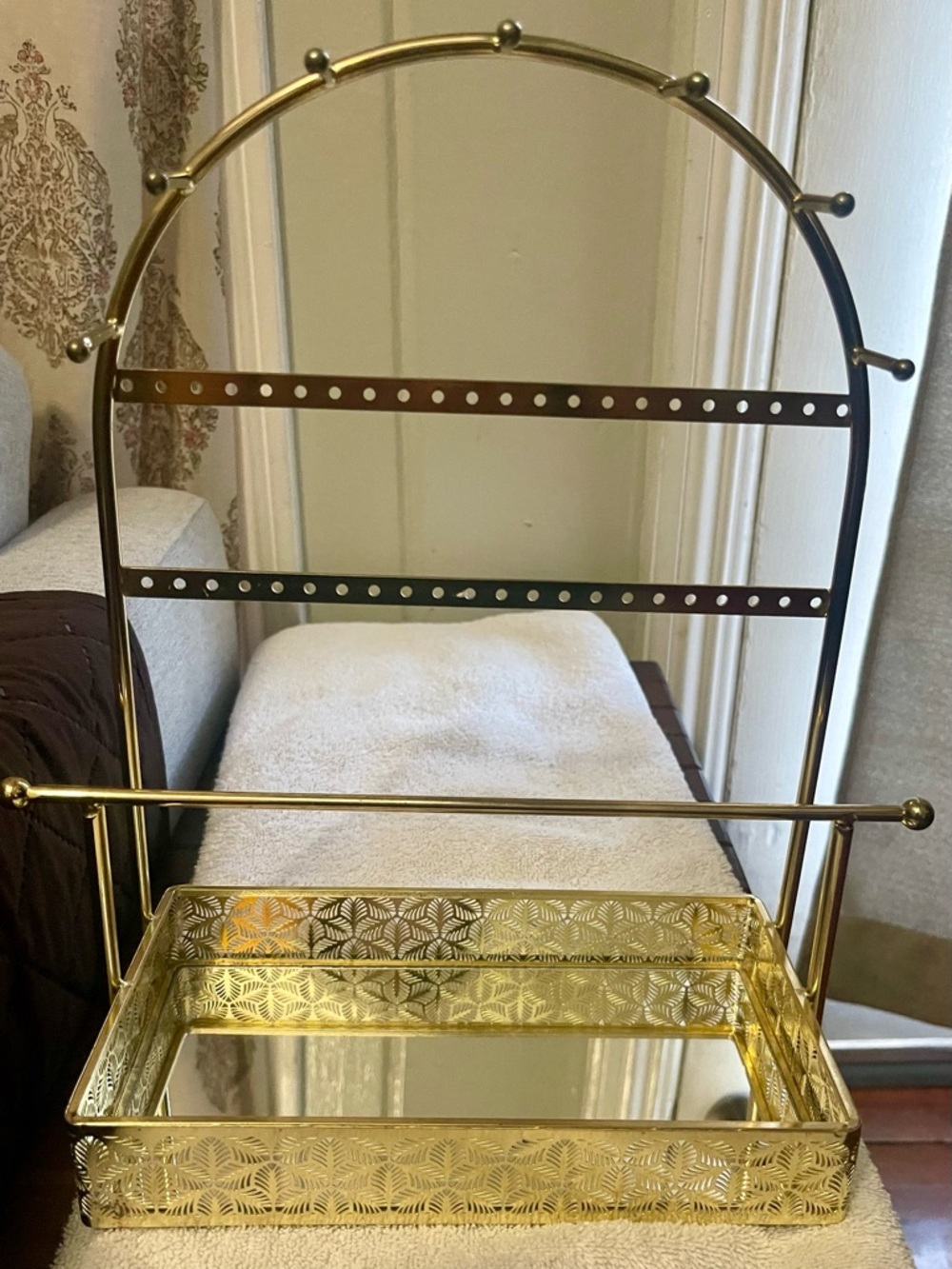 Gold Jewelry Organizer Vanity Stand with Mirrored Tray